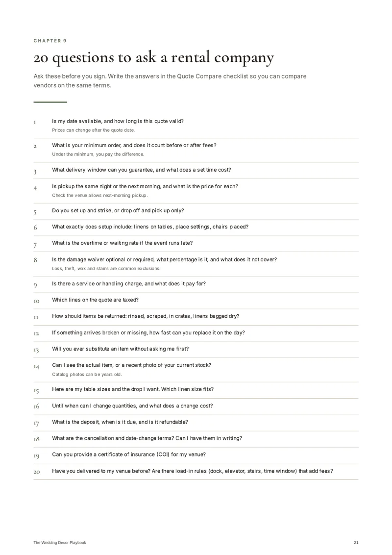 Playbook page 21: 20 questions to ask a rental company before you sign.
